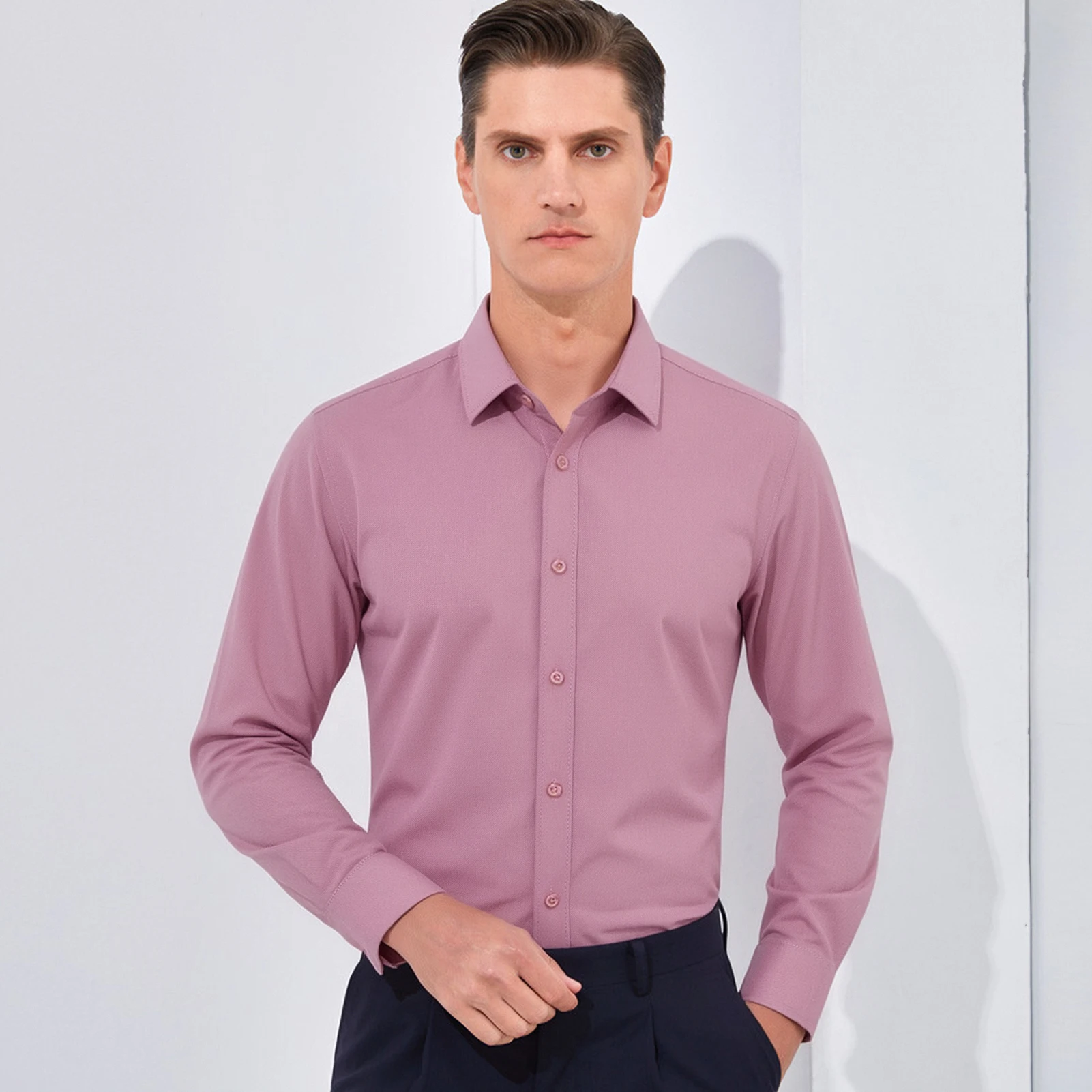 Men's Wrinkle-Free Dress Shirt Regular Fit Solid Business Formal Long Sleeve Button Up Stretch Shirts - Image 8