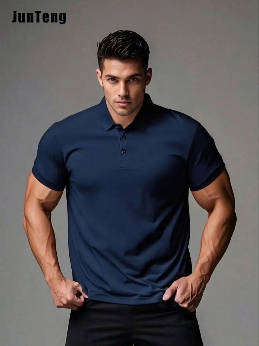 Men's Casual Breathable Plain Polo Shirt, - Image 3